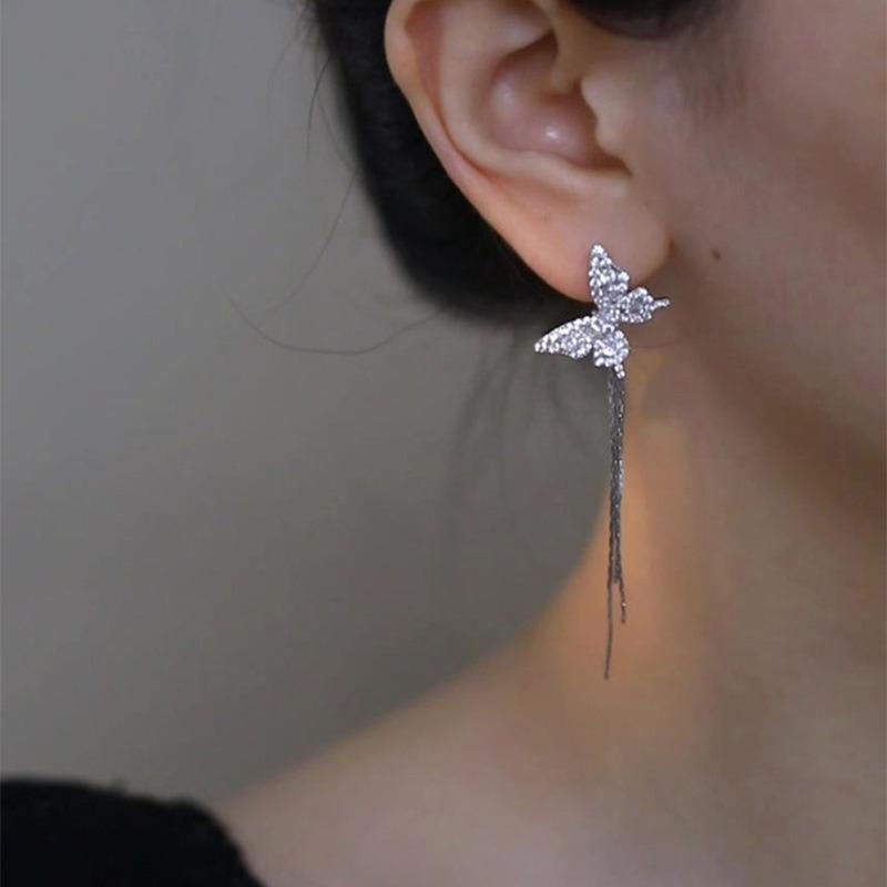 Korean female lead~ Zircon butterfly asymmetric tassel earrings light luxury high-end temperament earrings versatile earrings women