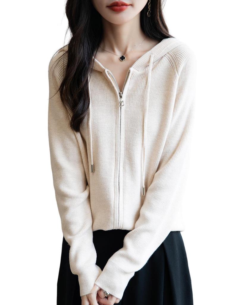 Yuanbao Stitch Women's Korean Style Wool Zippered Hoodie - Casual Versatile Solid Color Knitwear
