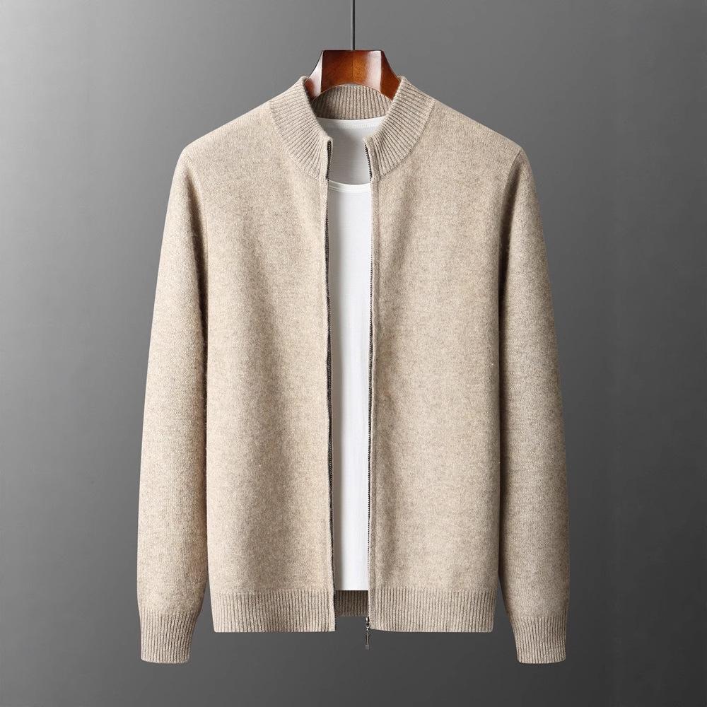 100% Merino Wool Men's Warm Sweater Mock Collar Thickened Zippered Cardigan Autumn Winter New Cashmere Knitted Long Sleeve Tops