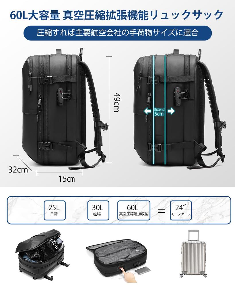 Sea Choice Business Backpack, Expandable Vacuum Compression Backpack, Large Capacity 60L, Carry-on Compatible, One-Touch Compression, Waterproof,