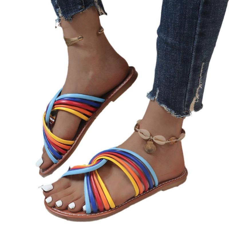 Large size flat-bottomed slippers, new color matching round head open-toed slippers, casual beach sandals