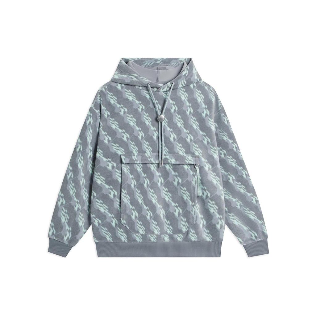 Li Ning Geometric Pattern Printed Fleece Warm Loose Pullover Hoodie Unisex hoodies Gray AWDSC77-1