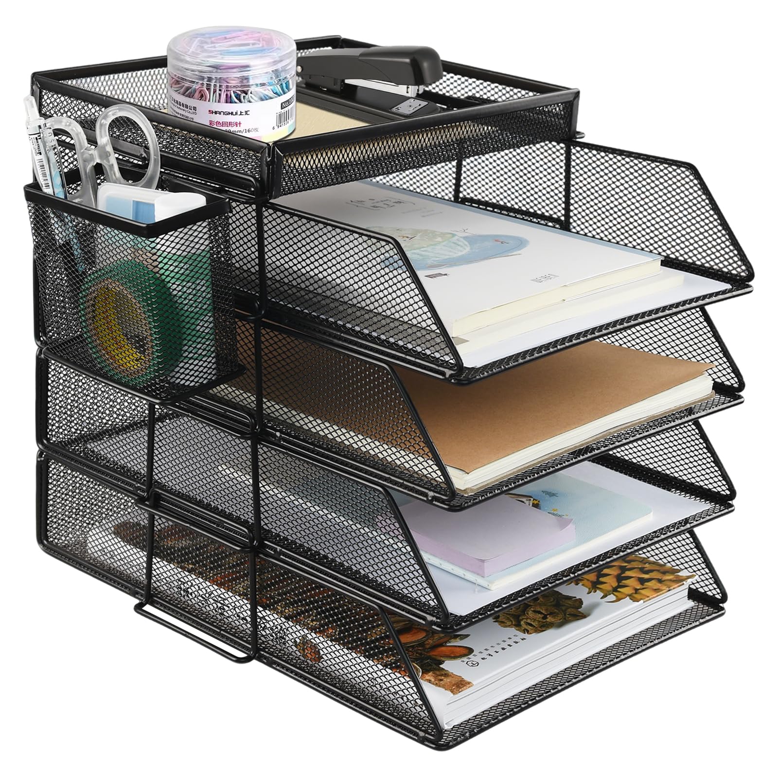 

Document Tray, 4+1 Tier, Letter Tray, Vertical, A4 Document Case, Assembly Required, Stackable, with Pen Holder, Small Item Storage, Desktop Storage,