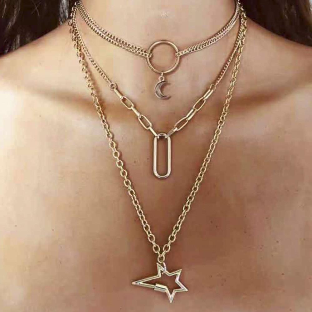 Classic European Style Alloy Moon And Star Layered Pendant Necklace For Women