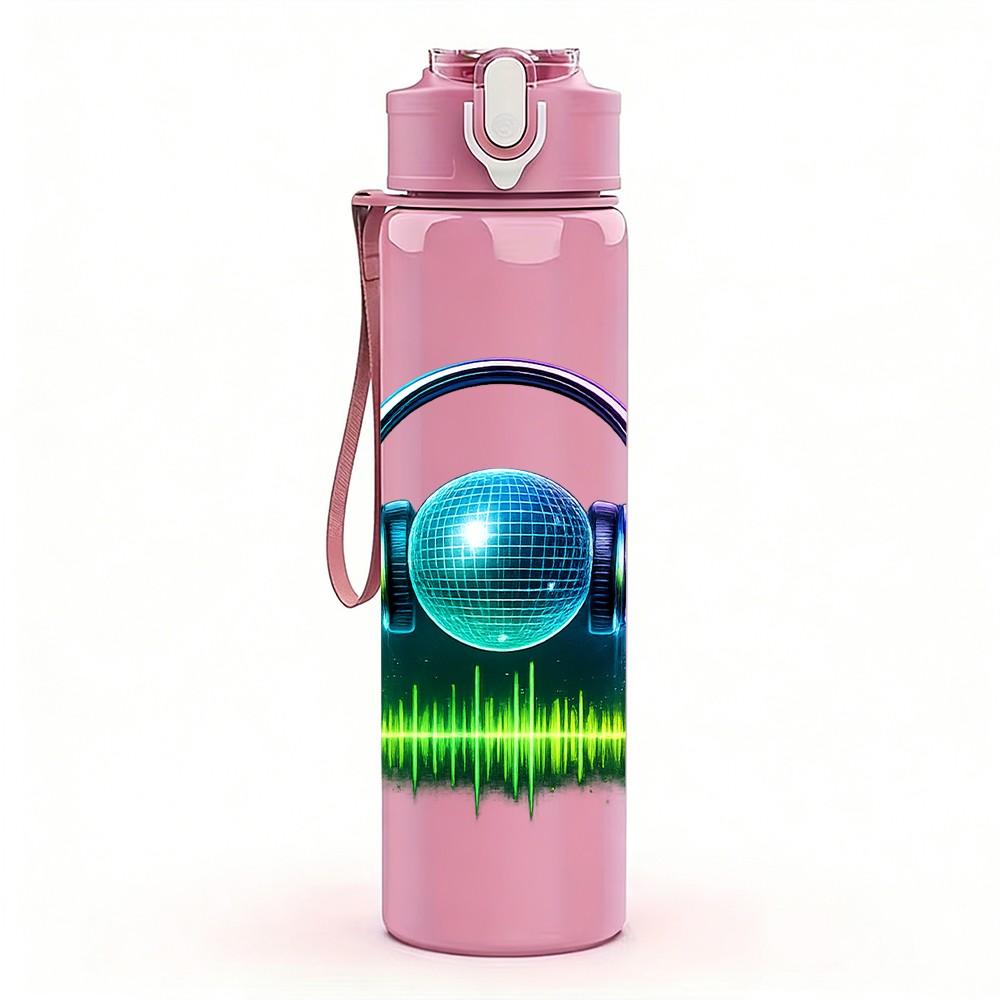 1PC Headphone Music Wave Sound Print 750ml Color Plastic Sports Water Bottle Leakproof Flip Straw Lid Suitable for Sports Office Home Use