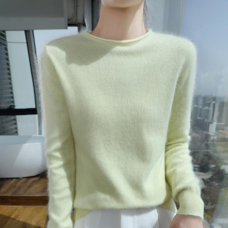 2025 Women's Mink Cashmere Sweater: Semi-High Neck, Rolled Edge Knitted Pullover for Spring & Autumn