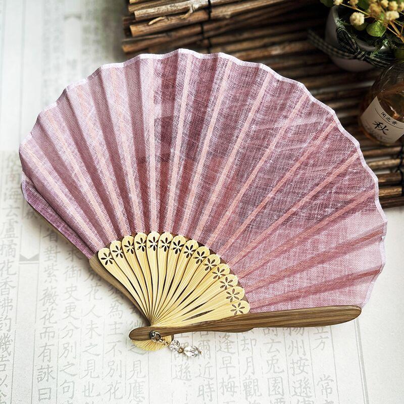 Retro Shell Shaped Fan Bamboo Carve Fanbone Cotton Linen Cloth Folding Fans Japanese Style Hand Fan Wedding Party Gift