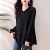 Women's Spring/Fall Plus Size Loose-Fit Midi-Length Shirt with V-Neck and Long Sleeves, Black