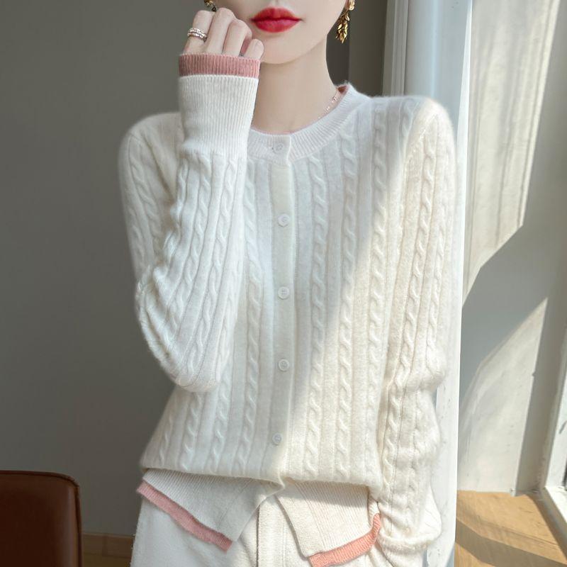 Autumn and Winter Women's Round Neck Color Matching Fake Two Cardigan Loose Twist Cashmere Sweater Knit Top