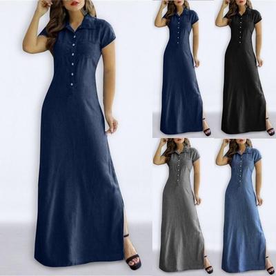 Robe Maxi en Denim à Col de Chemise Décontractée à Jupe Ample avec Fente et Poches Style Européen Américain 2022