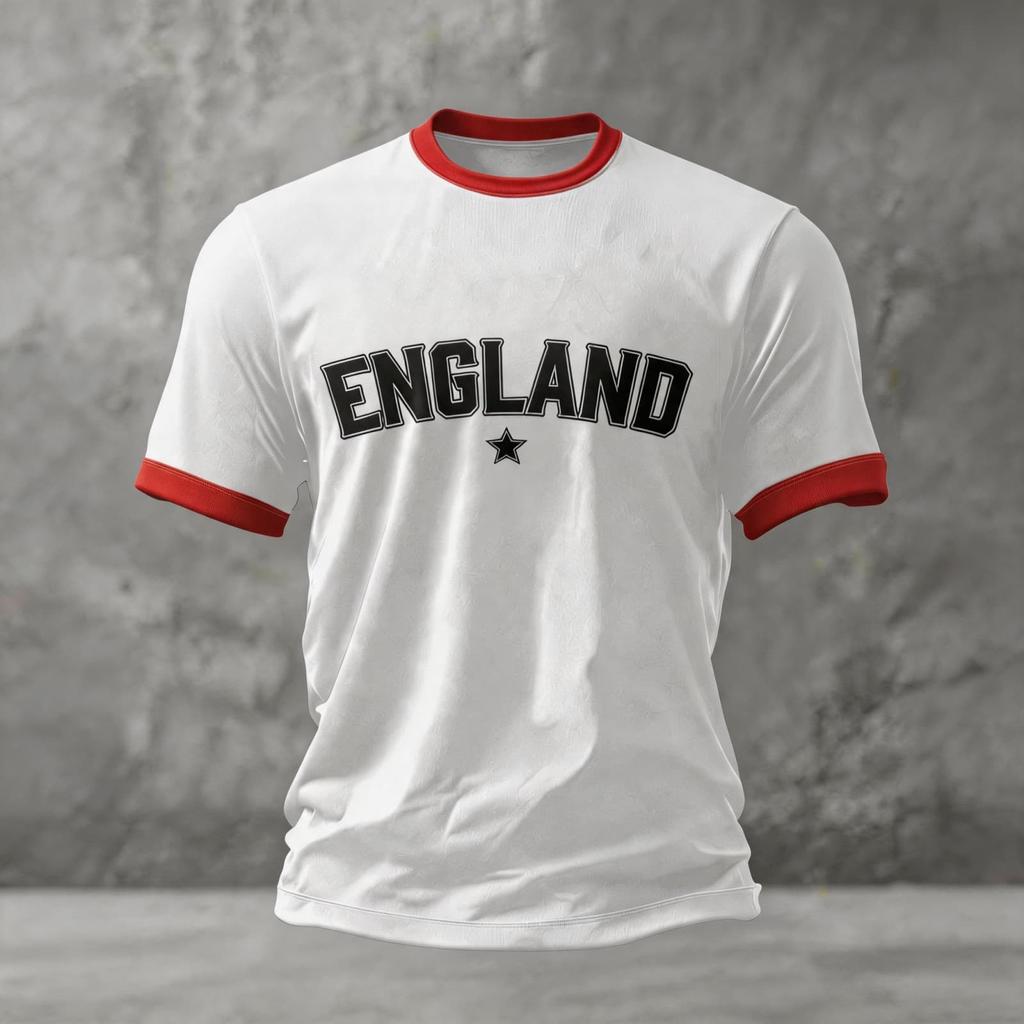 Men's England Supporter Soccer Jersey Short Sleeve Crew Neck Football Fan Tee with Graphic Print and Contrast Sleeves for World Cup Events
