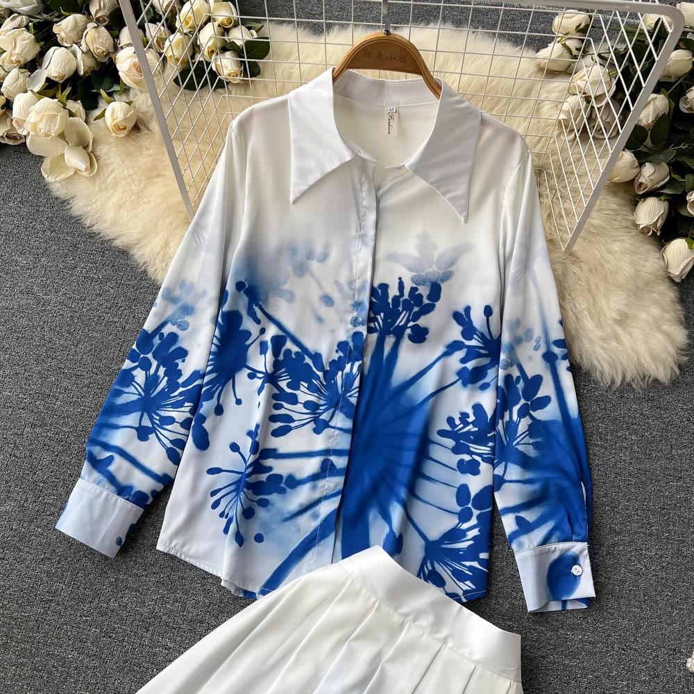 Elegant Temperament Polo Collar Blue Printed Long-Sleeved Shirt Women's High-End Pleated Skirt Fashion Two-Piece Suit