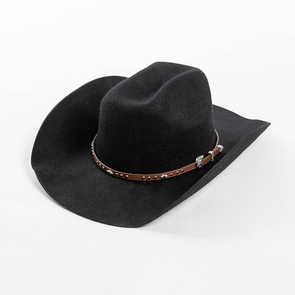 100% Wolle Unifarbener Cowboyhut Mit Nietenbesetztem Lederband Breiter Rand Western Fedora Outdoor Modehut 4 Größen Für Männer Frauen L(58-60cm) black