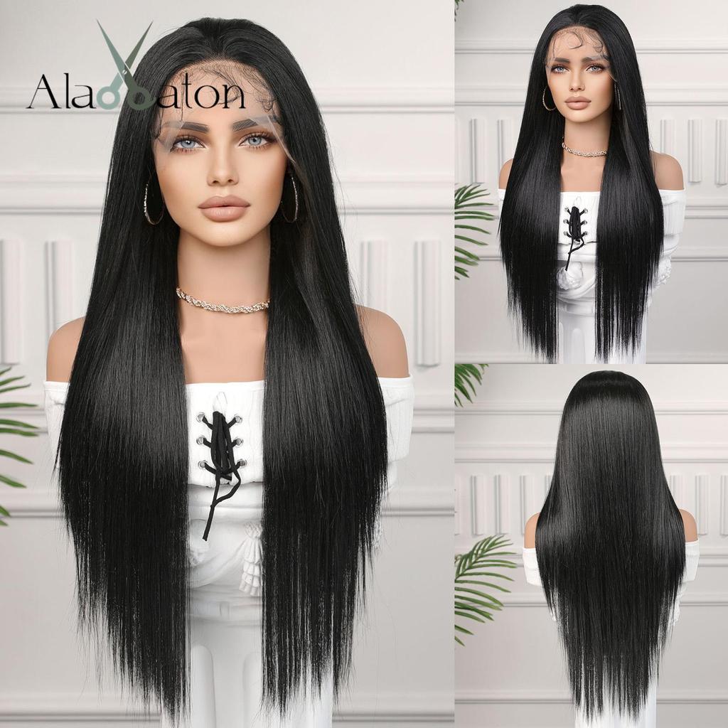 ALAN EATON Women's Fashion 13x4 Lace Front Wigs Black/Golden/Blonde Synthetic Long Straight Wig with Baby Hair for Women 180 Density