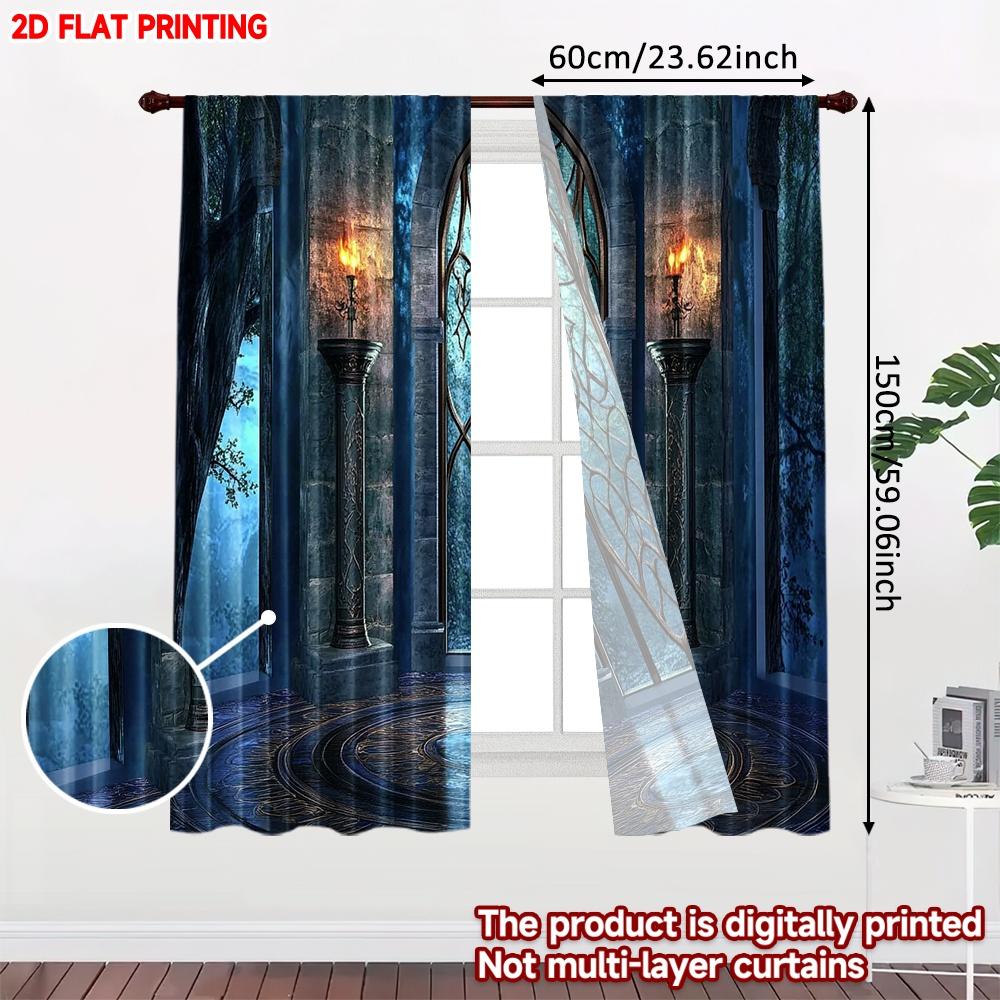 Set Of 2 Mystical Arch Window Curtains Enchanted Forest View Torchlight Ornate Floor Themed Bedroom Decor Curtain For Sleeping Area Made Polyester