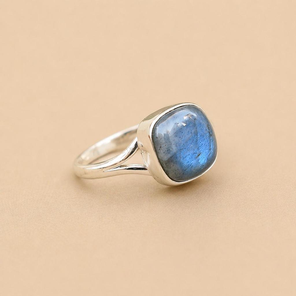 Blue Labradorite Cushion Ring, 925 Sterling Silver Gemstone Ring, Boho Statement Flash Stone Ring, Minimalist Handmade Jewelry