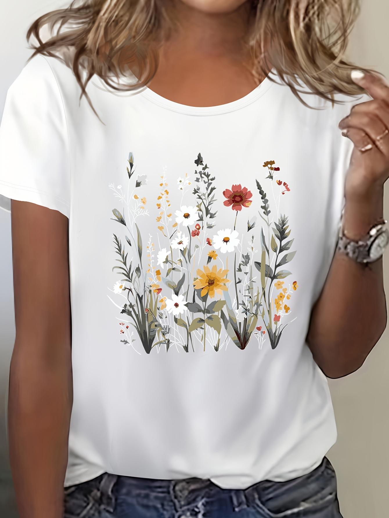 

Women s Floral Print T-Shirt - Vibrant Blue Short Sleeve Crew Neck Top with Medium Stretch, Natureinspired Design S