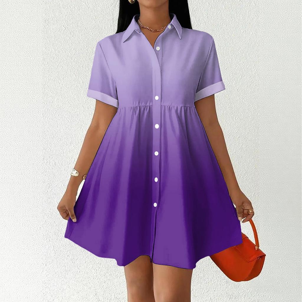 Women’s Casual Loose Fit Shirt Dress Button Down Stand Collar Short Sleeve Gradient Print Fashion Tunic Dress