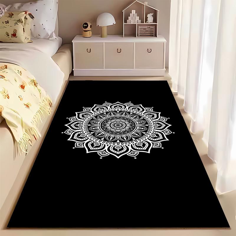 Teppich, Mandala Blume Schwarz Weiß Henna Lotus Muster Druck, Wohnzimmer Dekoration, Rutschfeste Matte