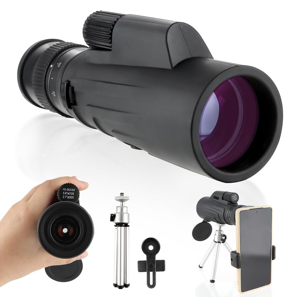 ToopMount 10-30x50 Monocular, Compact Prism, Multi-Coated Monocular Telescope, High Power, Waterproof, with Smartphone Adapter and Tripod for Adult