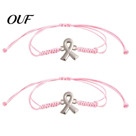 Simple Adjustable String Bracelet 2PCS Hand-woven Braided Bracelets with Metal Ribbon Pendant, Cord Awareness Friendship Wristbands, Daily Wear