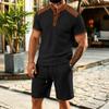 Men's Large Plaid Stand Collar Short Sleeve Color Block T-shirt and Shorts Set