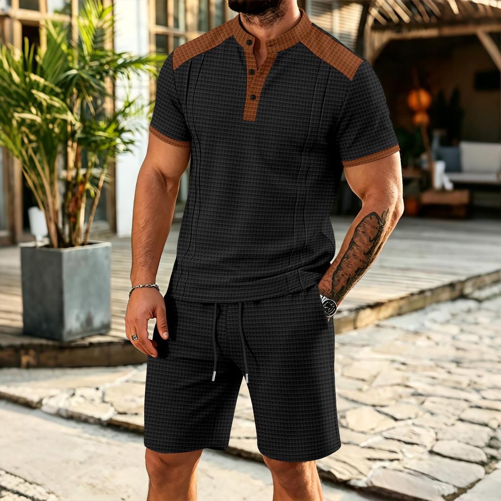 Men's Large Plaid Stand Collar Short Sleeve Color Block T-shirt and Shorts Set