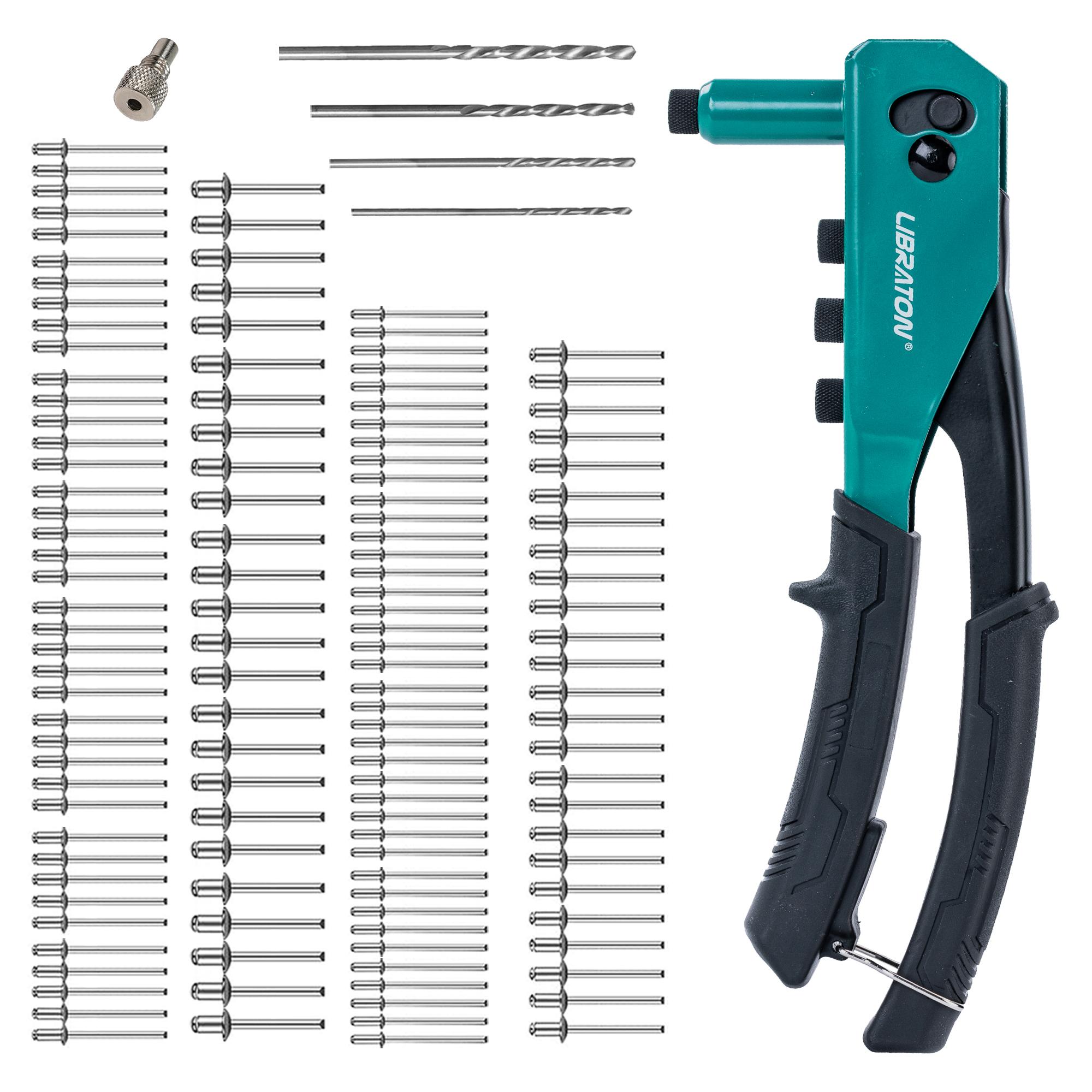 

Libraton Rivet Gun Kit with 130 Blind Rivets, 4 HSS Drill Bits, 4 Tool-free Riveter Heads Heavy Duty Rivet Tool Hand Riveter