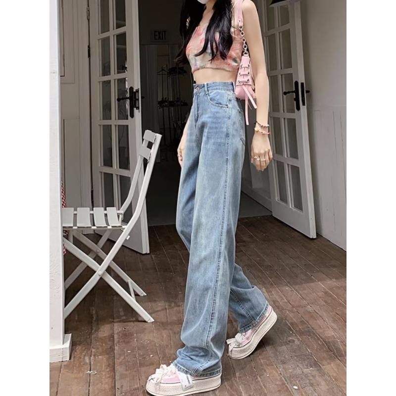 Calça jeans reta plus size feminina, primavera e verão, cintura alta, fina, solta, pernas largas, calças de arrasto