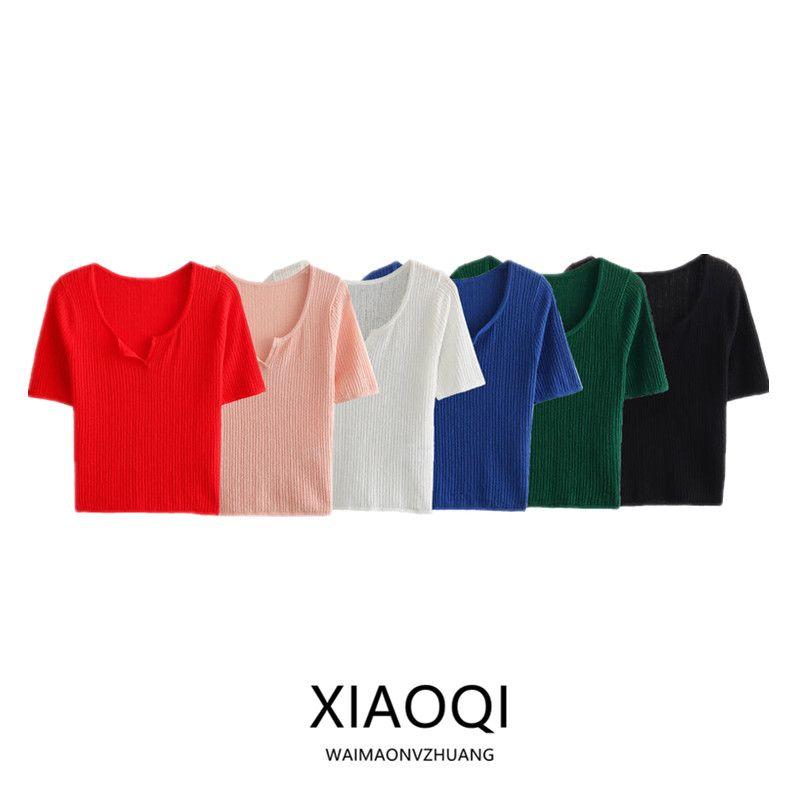Fashion Style 2024 Spring New Arrival Women's Clothing Slim-Fitting, Fashion and All-Matching Pure Color Open Collar Short Sleeve Knitwear 466362