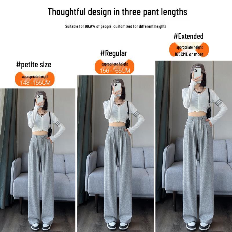 Women's Gray Wide-Leg High-Waist Sweatpants with Drawstring and Petite Fit