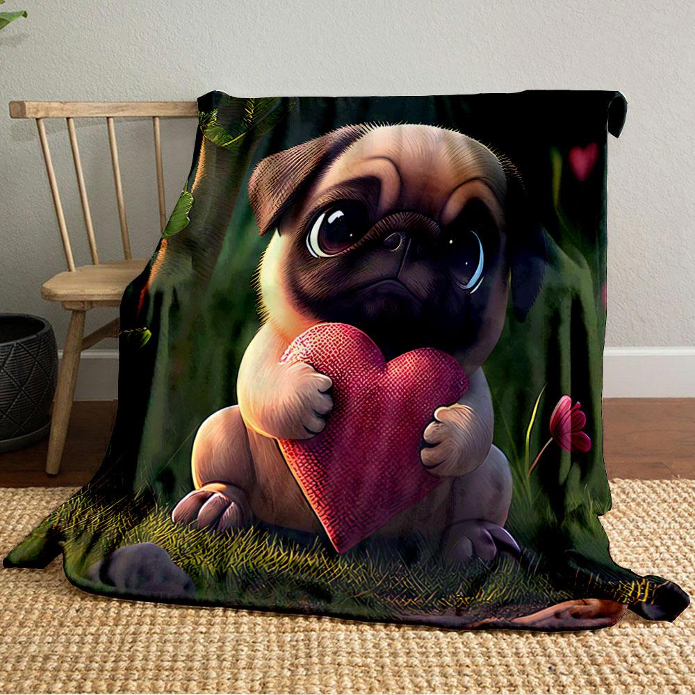 Cute Pug Holding Heart Blanket for All Seasons Blanket Lunch Break Throw Gift