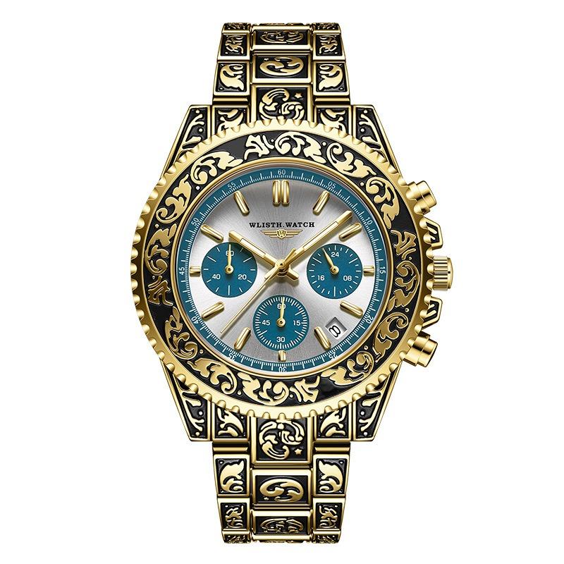 Top Brand Multifunctional Men's Watch Retro Luminous Carved Quartz Calendar Watch