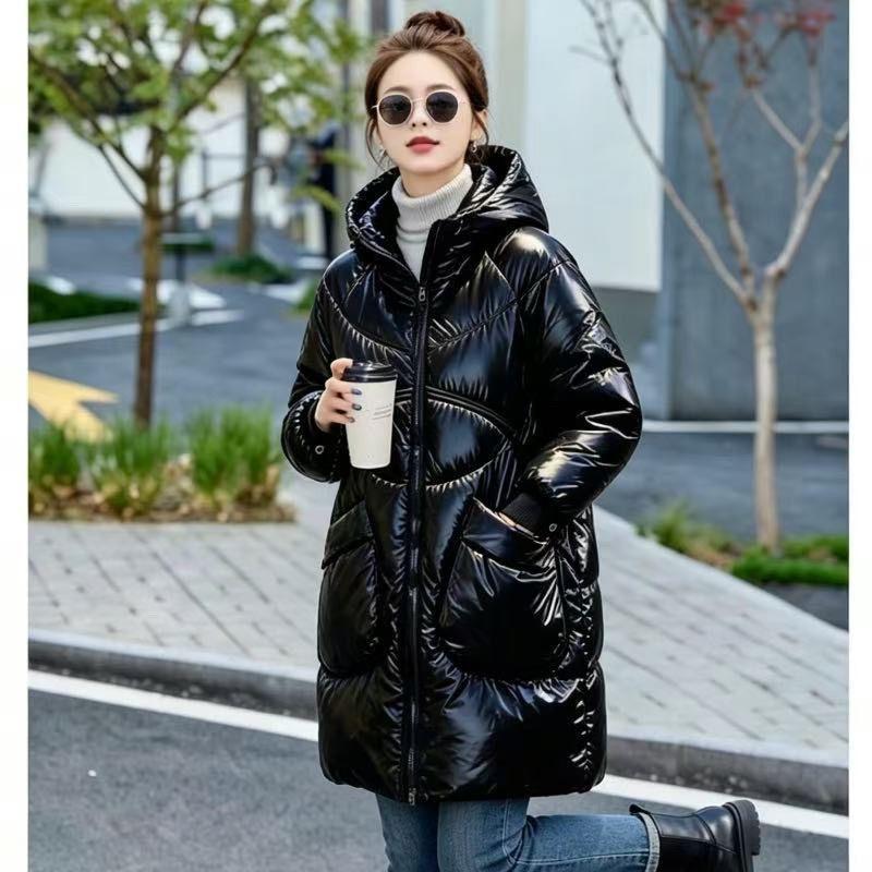 Parka d'hiver pour femme à capuche, mi-longue, sans lavage, en coton brillant, coupe ample et épaisse