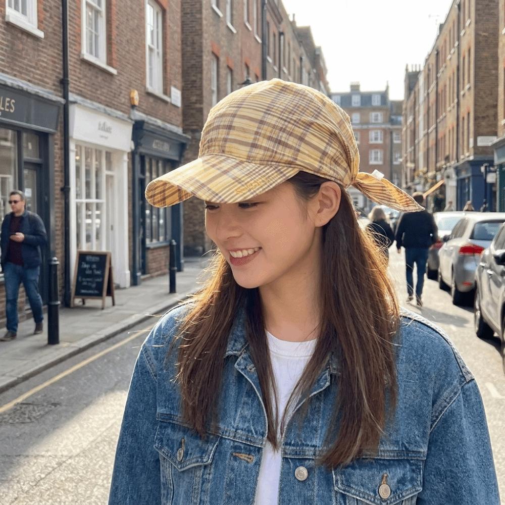 Contrasting Color Personalized Strap Cap Retro Retro Plaid Turban Hat  Sunshade Use