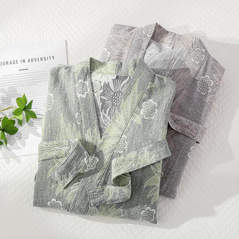 Women's Retro Pure Cotton Kimono Bathrobe Pajamas - Japanese Gauze Jacquard Sauna Homewear
