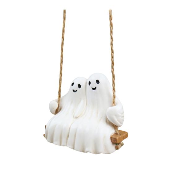 Swing Ghost Couple Figurine Halloween Ghost Hanging Decoration Resin White Ghost Couple Ornament for Indoor Outdoor Garden Patio Porch Decor
