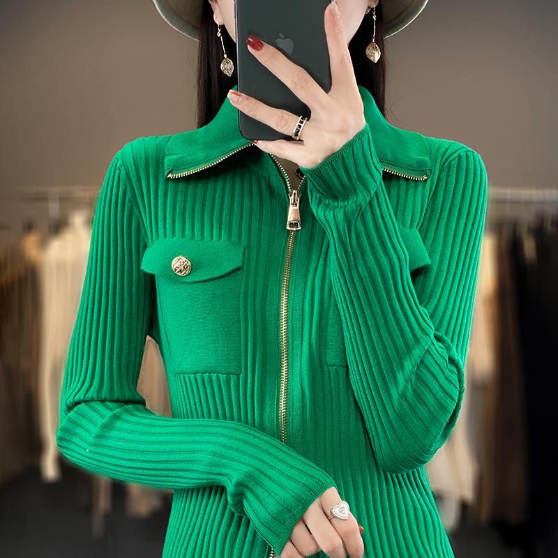 Women's Slim-Fit Stand Collar 100% Pure Wool Sweater - Autumn/Winter Knit Cardigan, Skin-Friendly Base Layer Outerwear