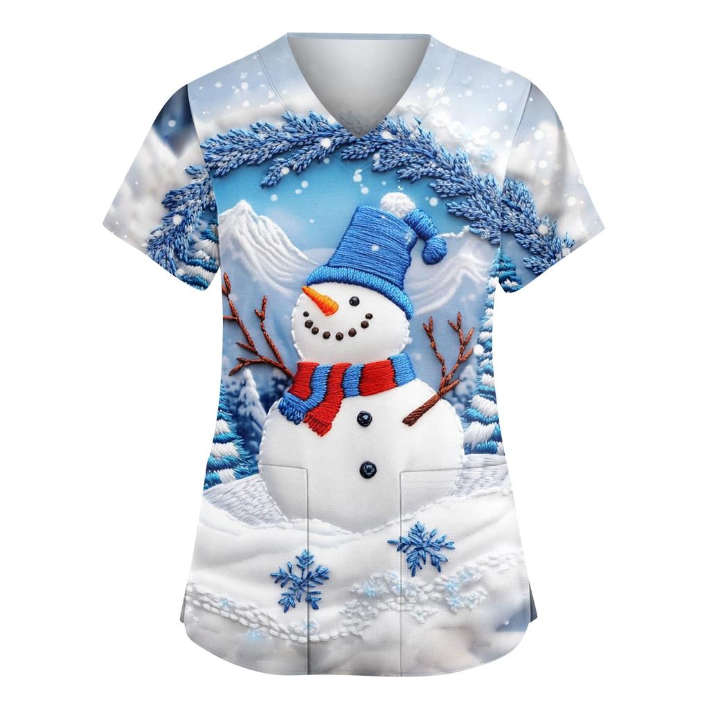 Women's Fashionable V-neck Workwear Christmas Printed Short Sleeved Pocket Side Slit Workwear Basic Pullover Top