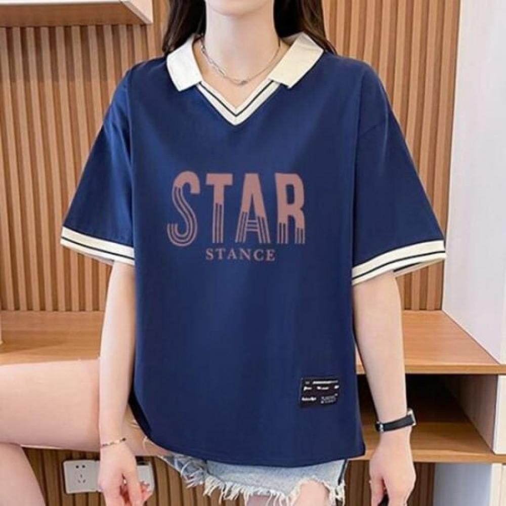 NaVaVa Women STar LeTTering V Neck Collar ShorT sleeVe T shirT nT2809