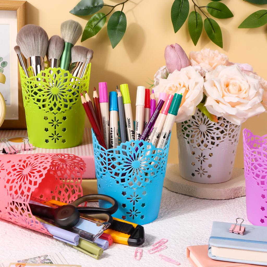 Ulele 10 Pcs Pencil Holder Cup Hollow Flower Pencil Pots Plastic Vase Pen Pot Holder Makeup Brush Storage Organizer Container Or