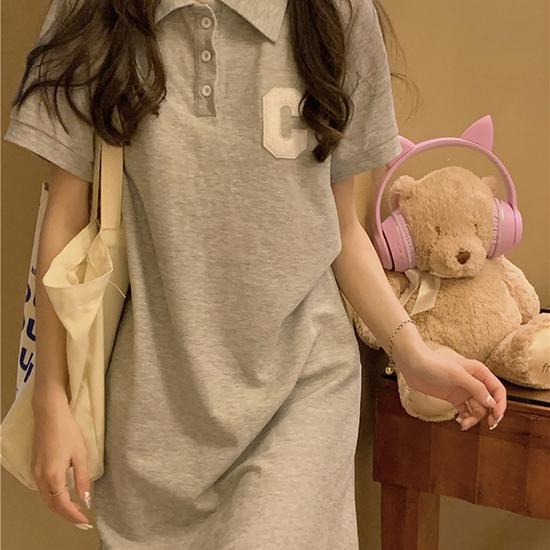 Abito a Maniche Corte Ricamato con Collo Polo Slim Fit Abbigliamento da Donna Estivo Stile College Ampio Linea A Tubino Dritto Moda Abbigliamento da Donna