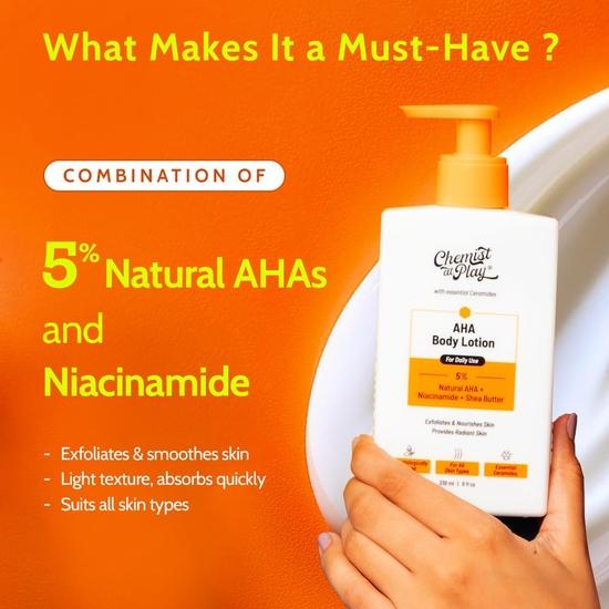 Chemist at play AHA-Körperlotion mit 5 % natürlichem AHA, Niacinamid, Sheabutter | Zum Peeling trockener und strahlender Haut | Hautaufhellende Lotion | 236 ml