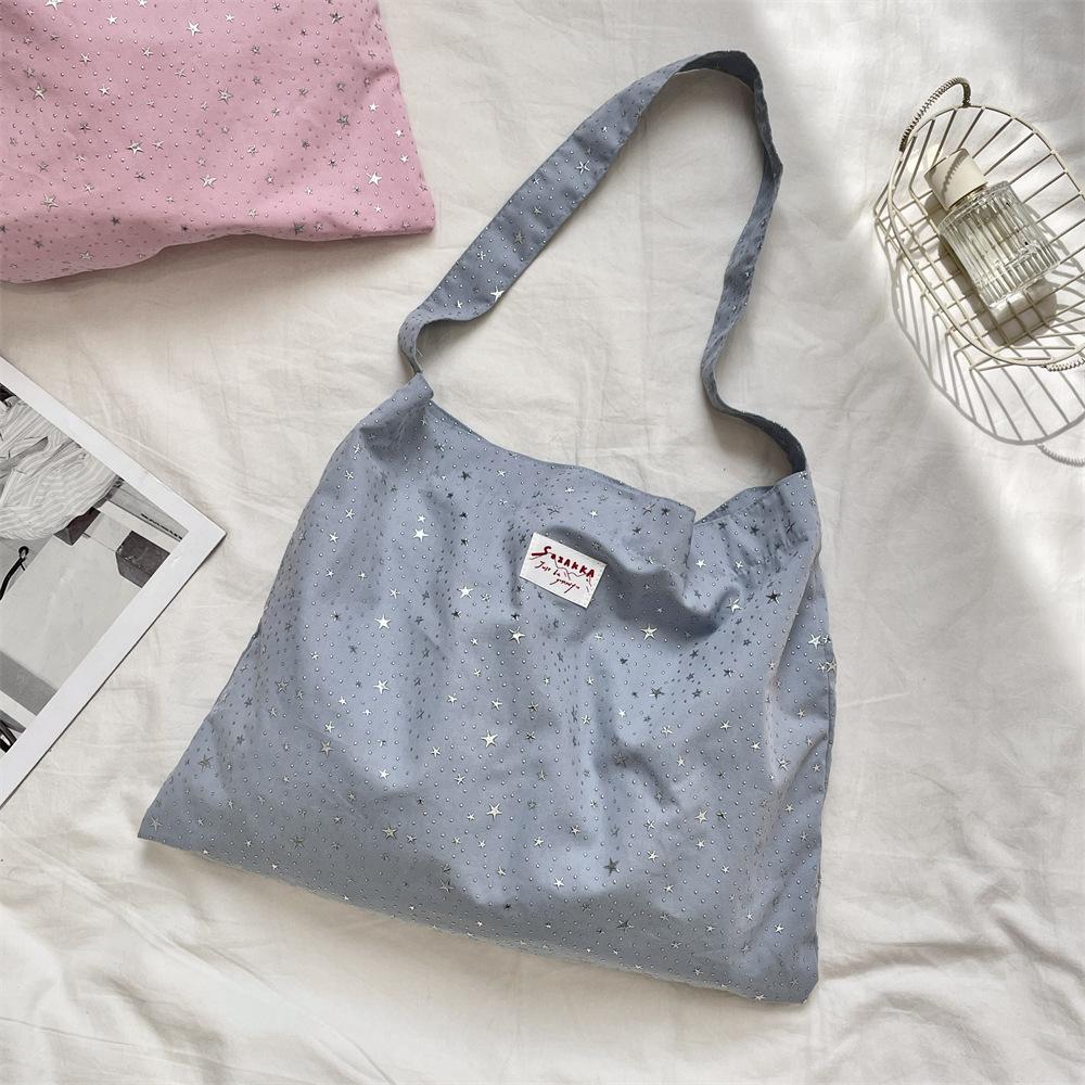

Повседневная тканевая сумка большой вместимости, наклейки, стразы, маленькая звездочка, на плечо, через плечо, тканевая сумка, женская сумка