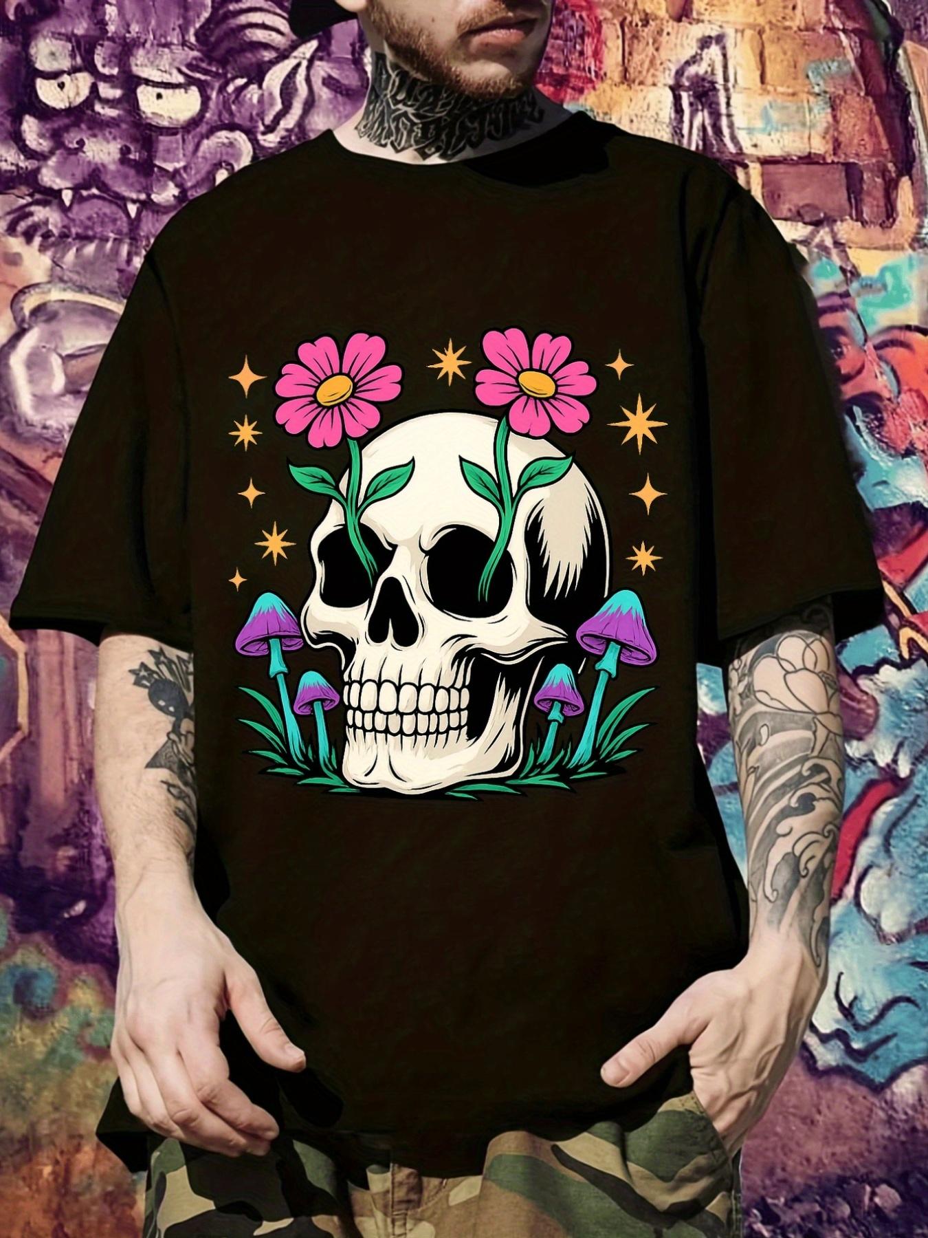 Gothic Skull & Floral Graphic T-shirt - Dark Gothic Tee with Pink Flowers M