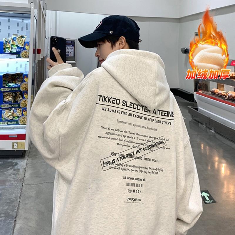 Womens Loose Fit Hooded Sweatshirt High Street Style Printed Casual Versatile Fleece Lined Thick 2025
