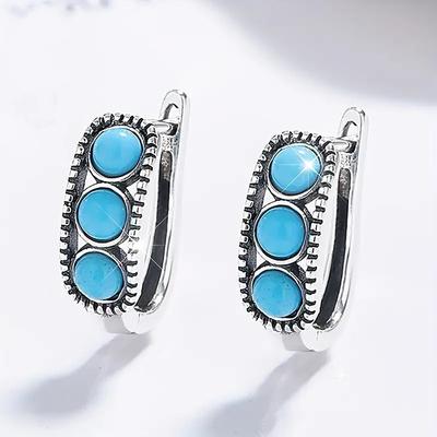 Bohemian Style Imitation Turquoise Hoop Earrings for Women Vintage Silver Color Party Earrings Jewelry Gifts