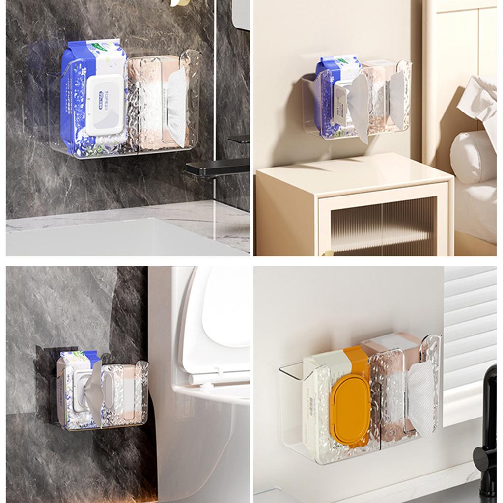 Two Section Adhesive Tissue Storage Box Transparent Bathroom Dispenser with Duals Compartment Wet Wipes Container