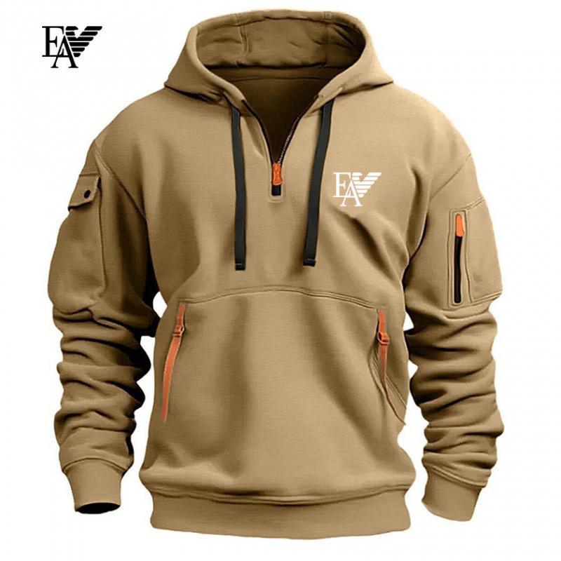 Men s Multi-Zip Arm Pocket Fleece Hoodie Pullover Casual Sportswear. Large