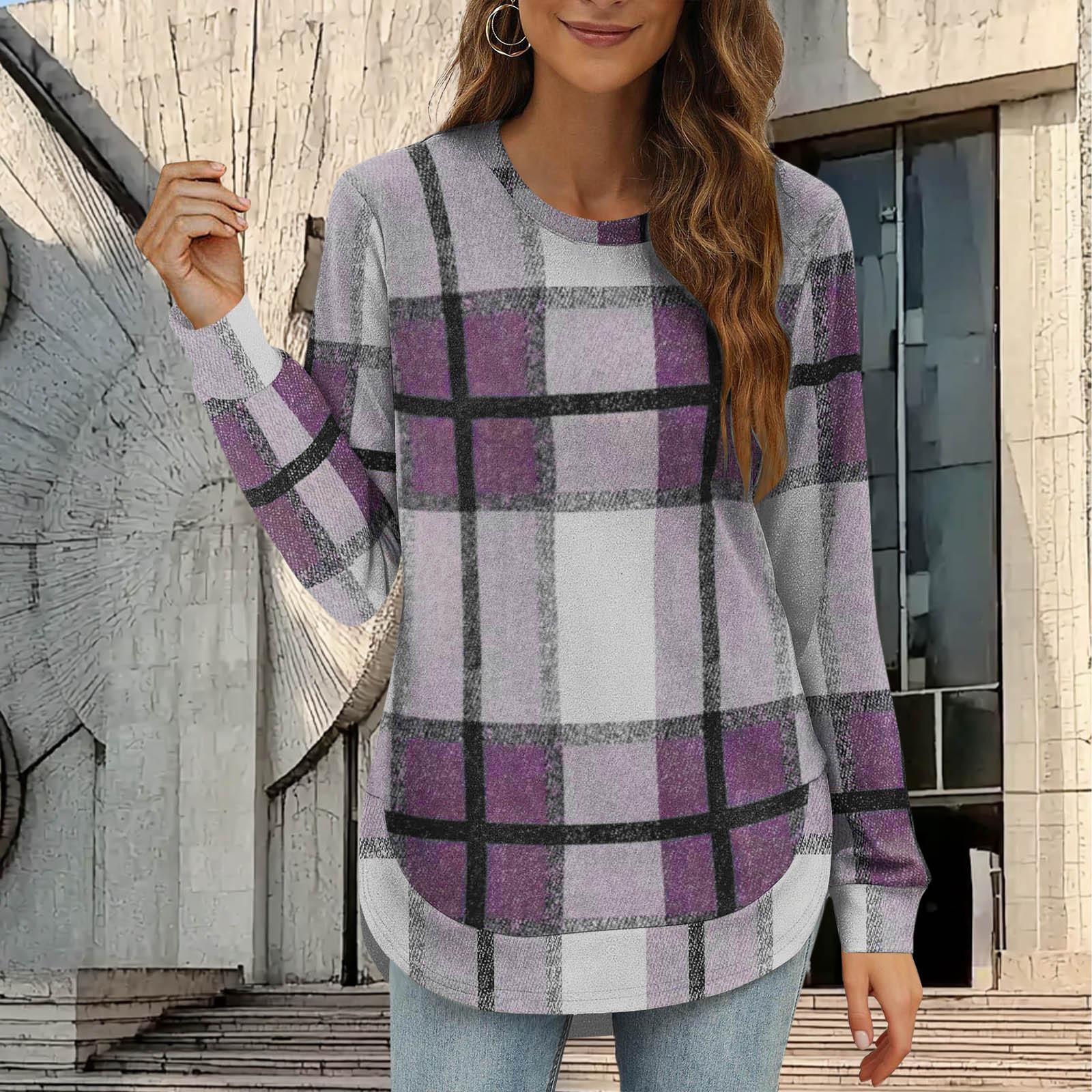 

Women s Casual Oversized Plaid Long-Sleeve Round Neck Asymmetric Base Layer Top M